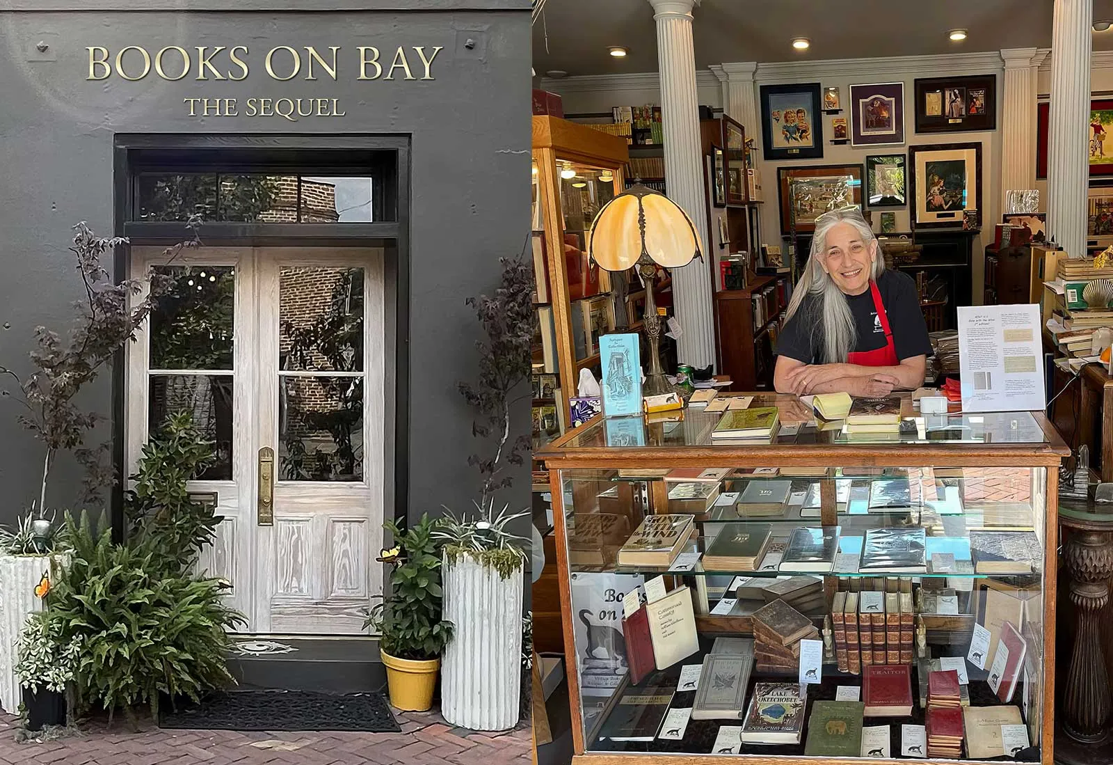 Books on Bay vintage bookstore in Savannah, GA The Books on Bay – The Sequel storefront on Abercorn Street beside the glass book counter inside, in Savannah, GA