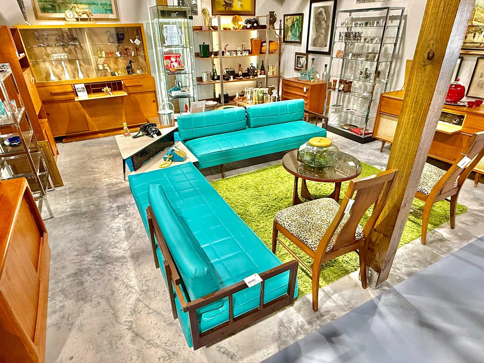 Savannah antiques - Picker Joe’s Antique Mall (3) Mid-century modern teal sofa and loveseat for sale at Picker Joe's Antique Mall, Savannah, GA